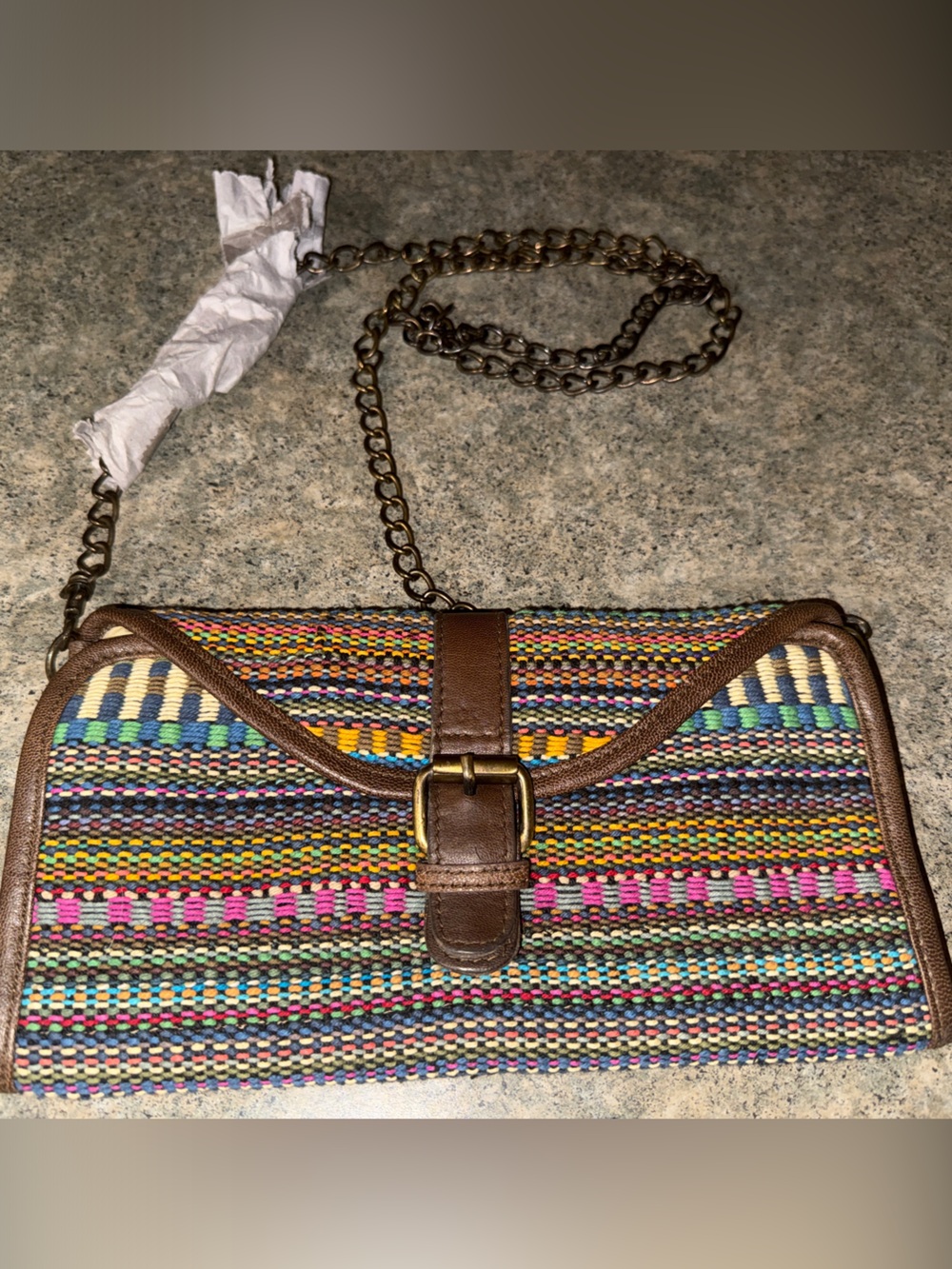Woven Multicolor Crossbody Bag with Brown Trim